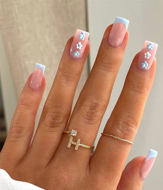Short Square French With Blue Flowers and короткий квадрат Short Square French With Blue Flowers and короткий квадрат — Baby Blue Nails