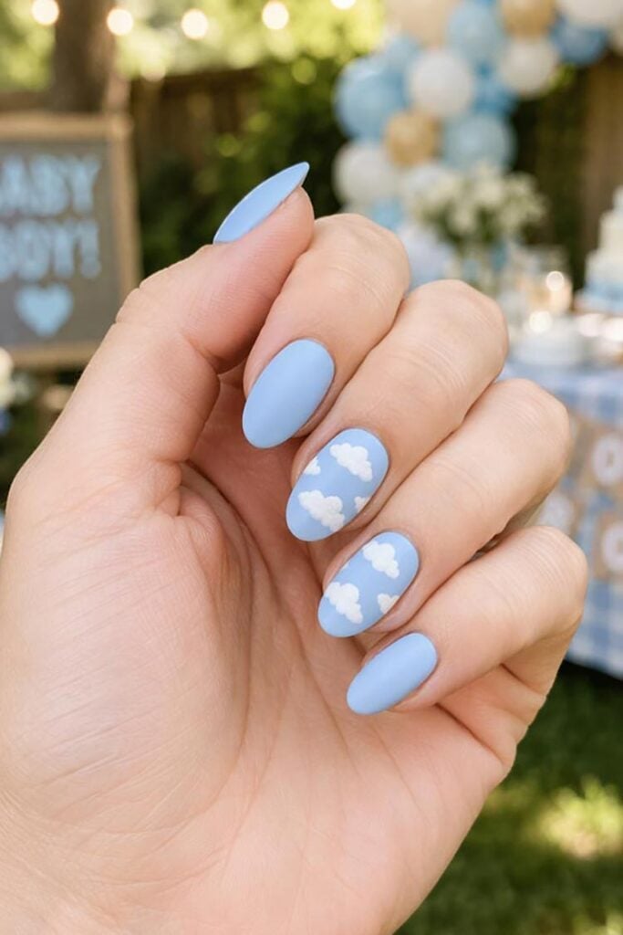 Short Almond Matte Blue With Cloud Art Short Almond Matte Blue With Cloud Art — Baby Blue Nails