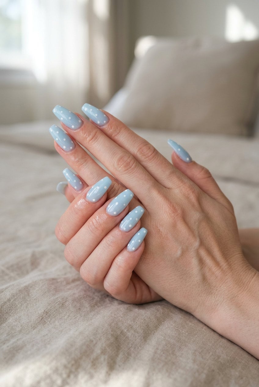 Long Coffin Baby Blue White Polka Dots Long Coffin Baby Blue White Polka Dots — Baby Blue Nails