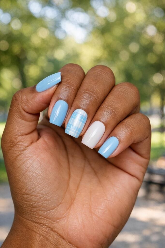 Medium Coffin Baby Blue Plaid Accent Medium Coffin Baby Blue Plaid Accent — Baby Blue Nails