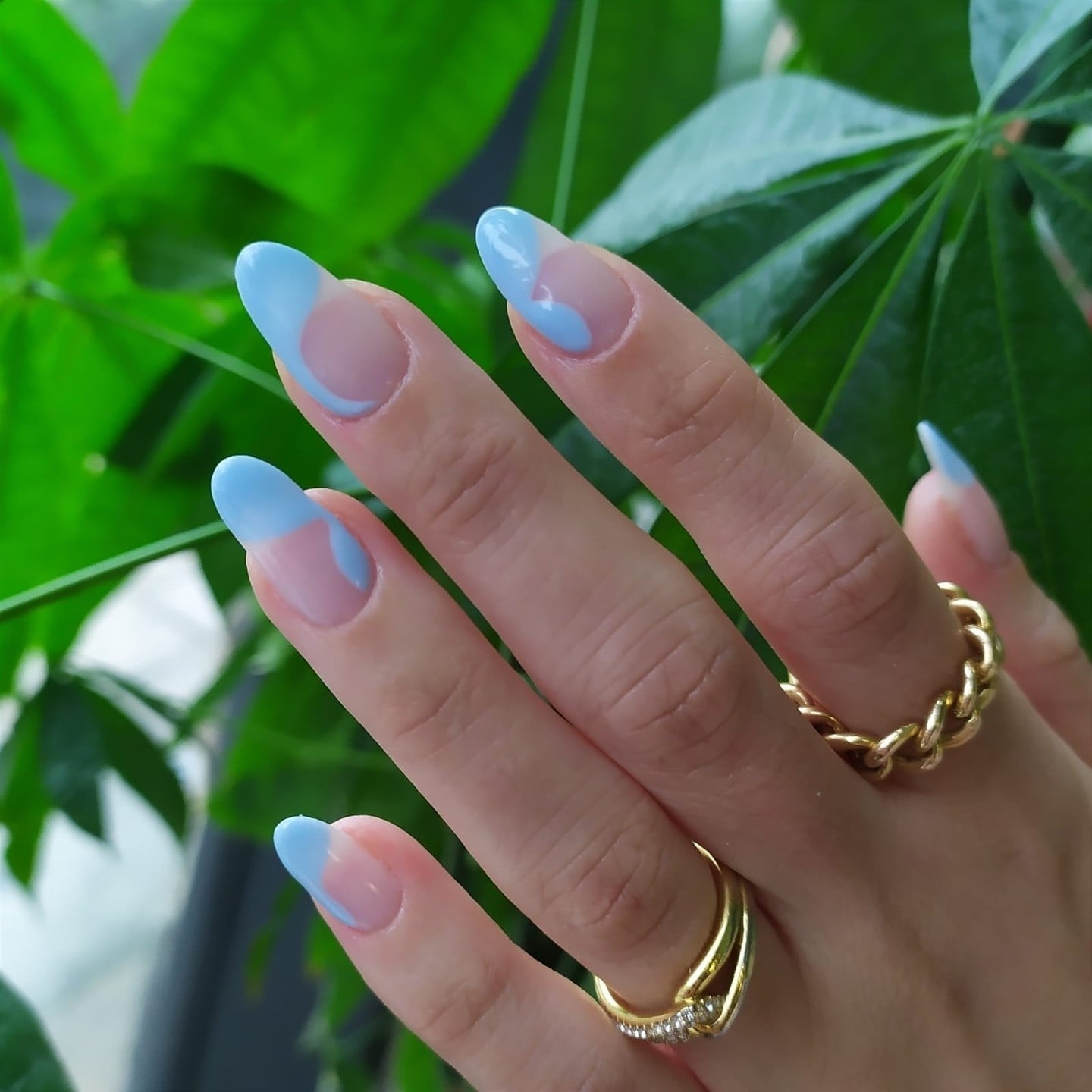 Medium Almond Abstract Baby Blue French, Glossy Medium Almond Abstract Baby Blue French, Glossy — Baby Blue Nails