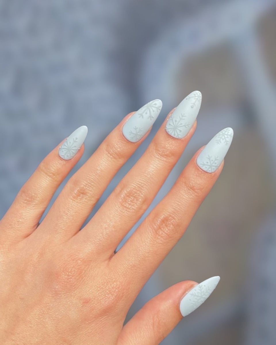 Stiletto Matte Powder Blue Snowflakes Stiletto Matte Powder Blue Snowflakes — Baby Blue Nails