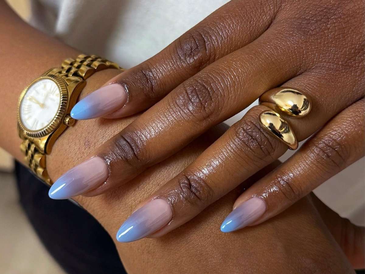 Short Square French With Blue Flowers Short Square French With Blue Flowers — Baby Blue Nails