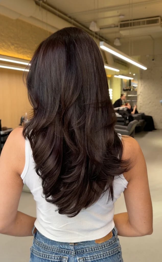 Voluminous Mid-Back Layers Dark Brown — Back Haircuts
