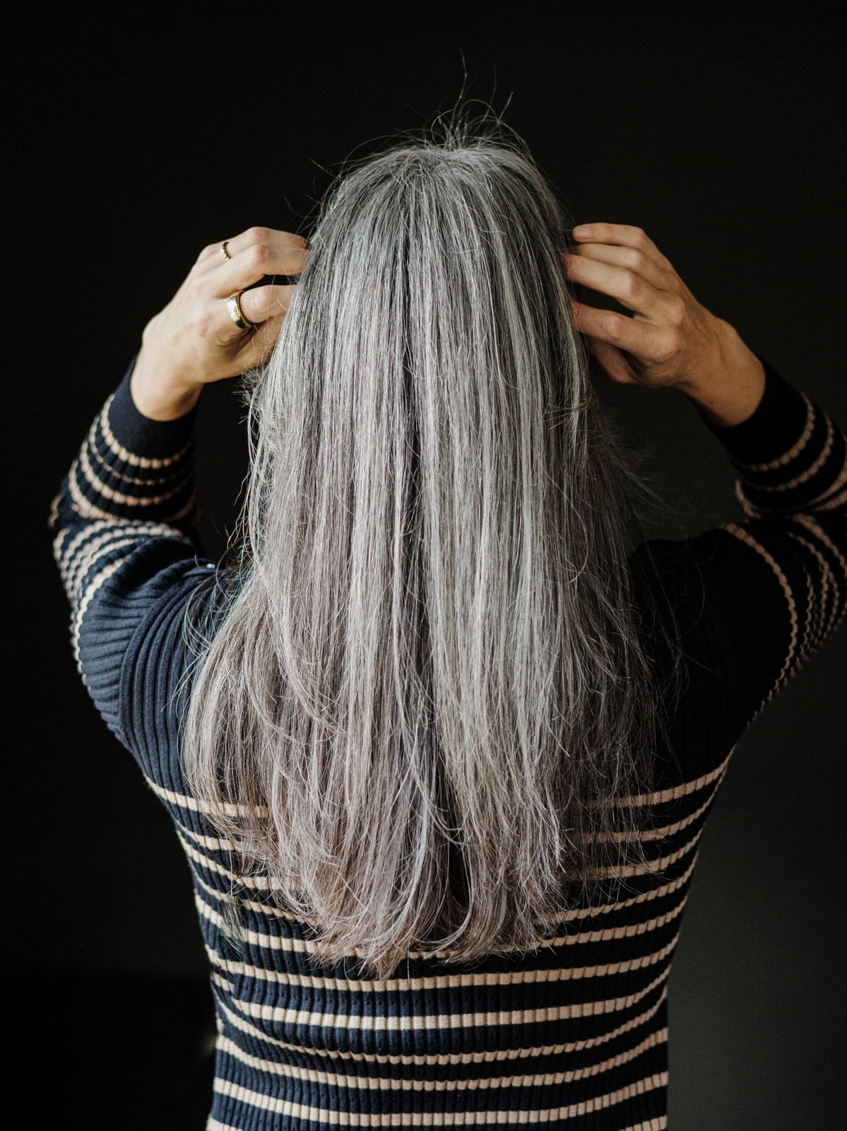 Mid-Back Gray Layers Silver Highlights — Back Haircuts
