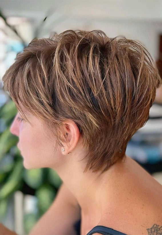 Textured Pixie Honey Brown Highlights — Back Haircuts