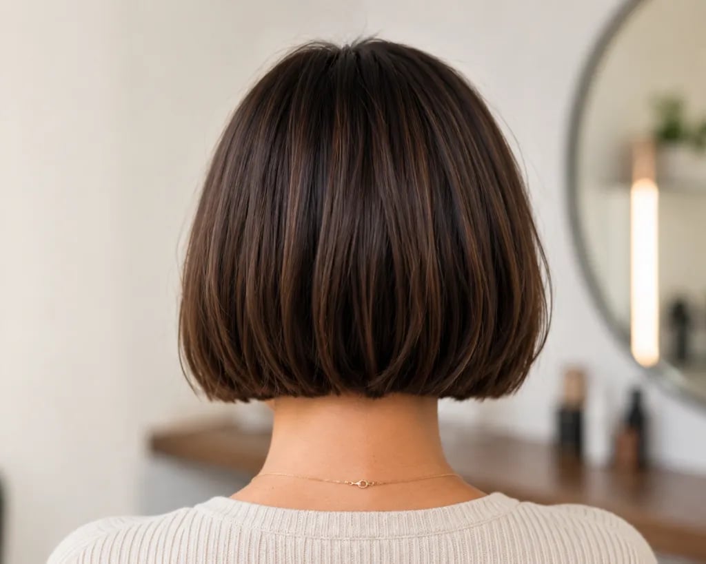 Chin Length Blunt Dark Brown Bob With A Clean Middle Parting — Back Haircuts