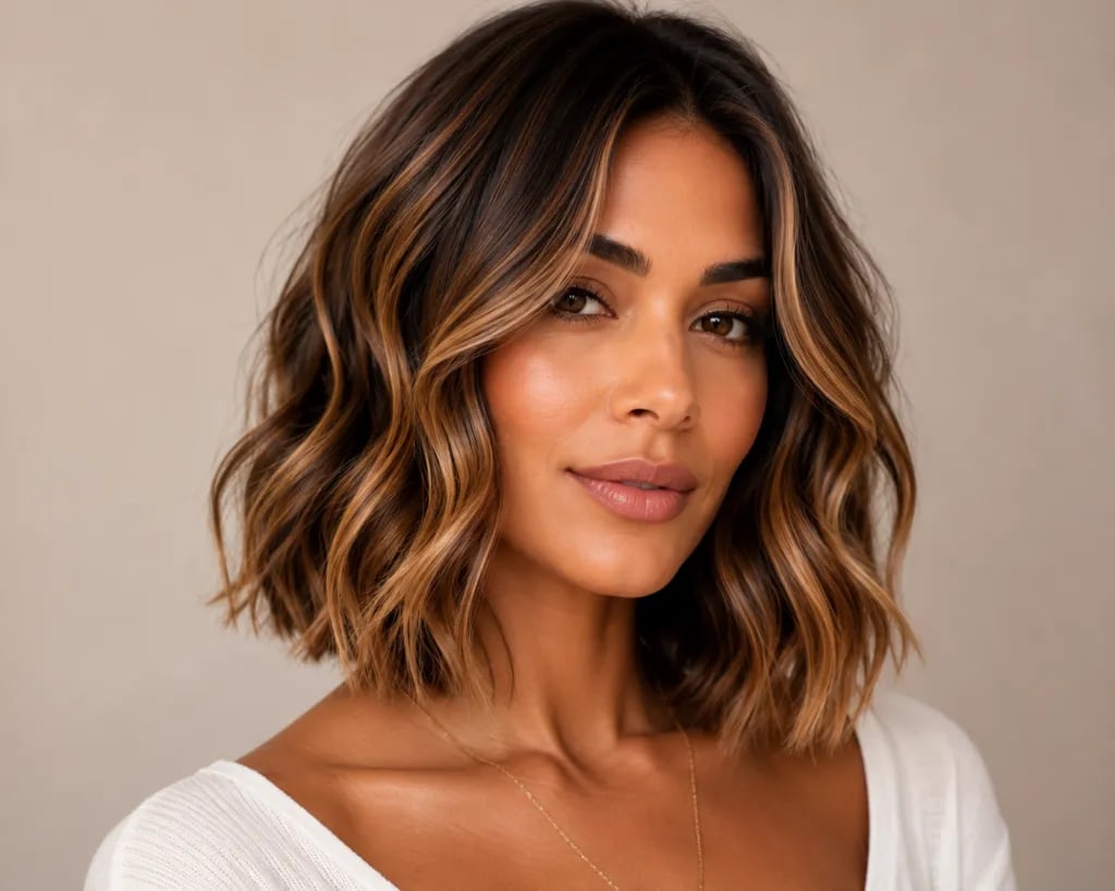 Collarbone Bob With Caramel Balayage And Curtain Bangs — Balayage Bob