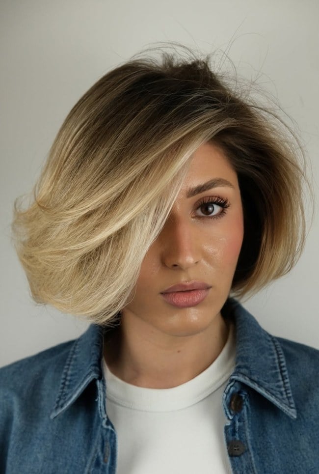 Voluminous Blonde Bob With Curtain Bangs, Chin — Balayage Bob