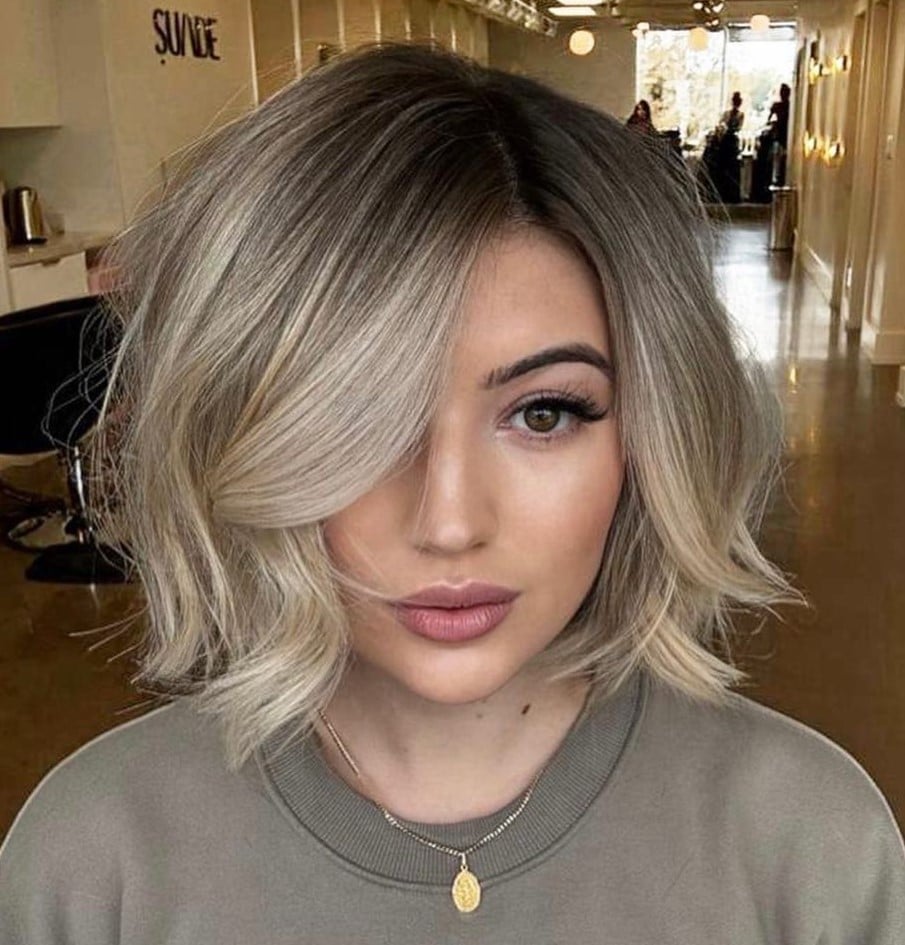 Ash Blonde Collarbone Bob With Side-Swept Bangs — Balayage Bob