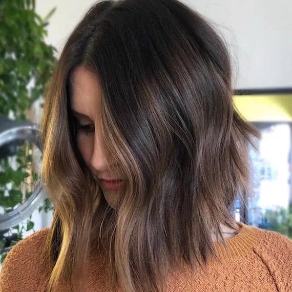 Dark Brown Bob With Blonde Balayage And Curtain Bangs — Balayage Bob