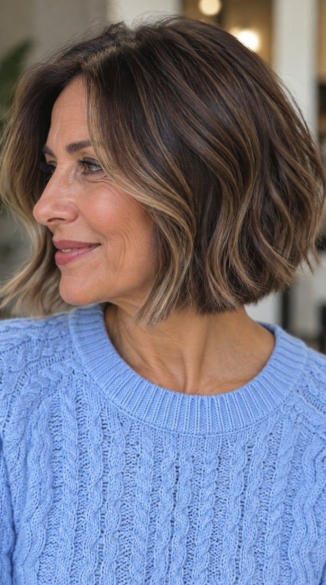 Chin Length Wavy Bob With Brunette Balayage, Side — Balayage Bob