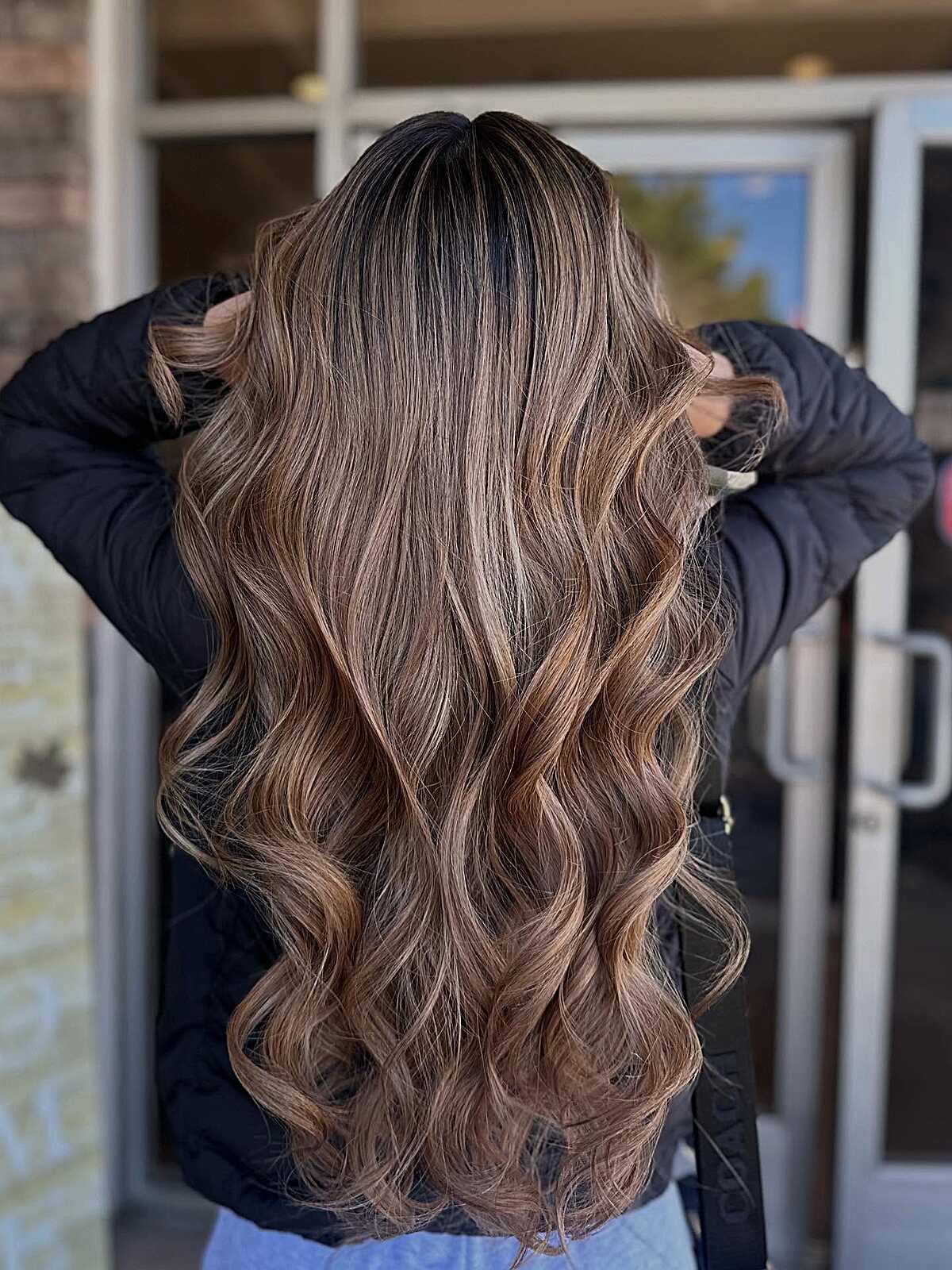 Long Dark Brown With Caramel And Blonde Balayage, Wavy — Balayage Hair