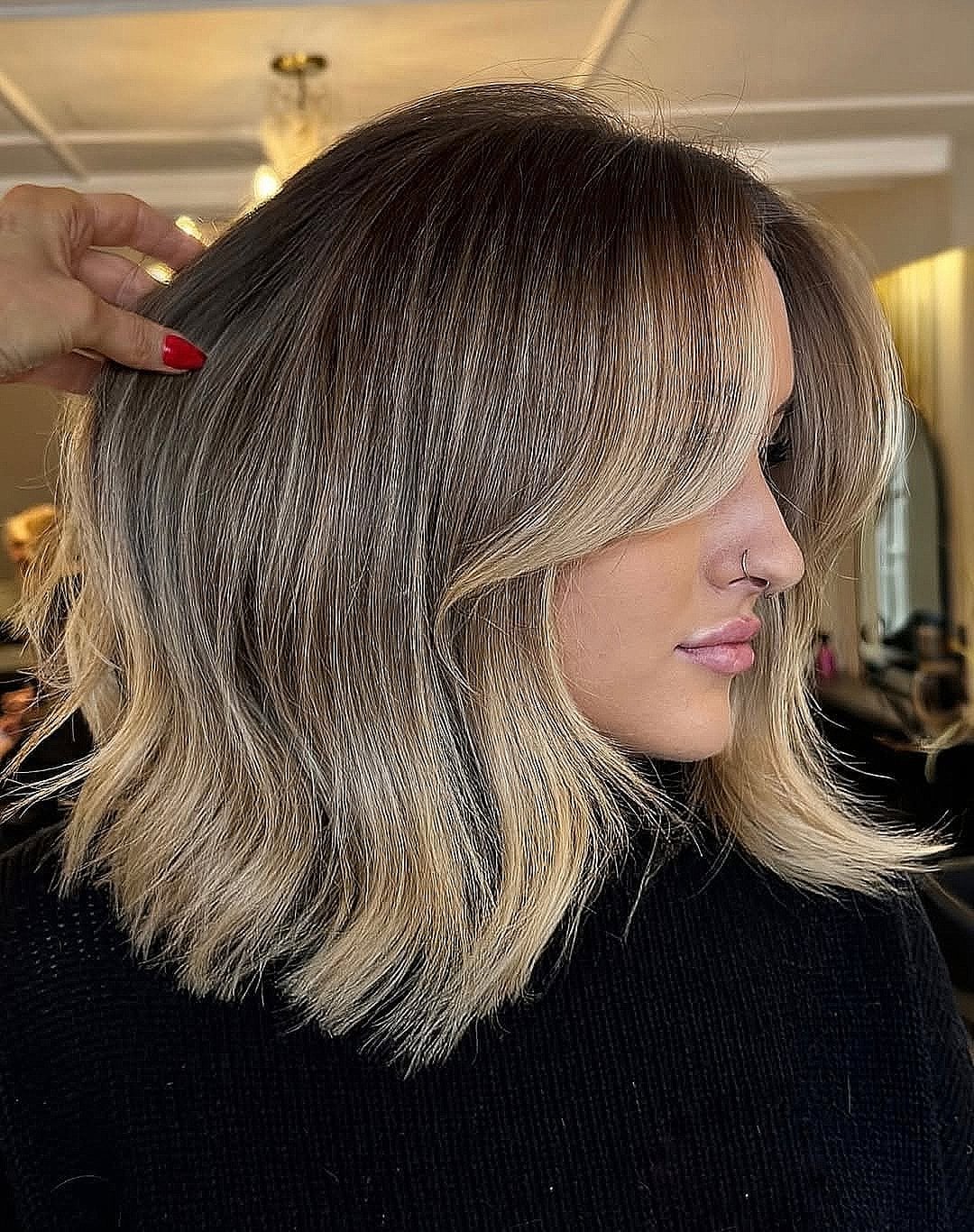 Blonde Lob With Lighter Blonde Balayage And Curtain Bangs, Collarbone — Balayage Hair