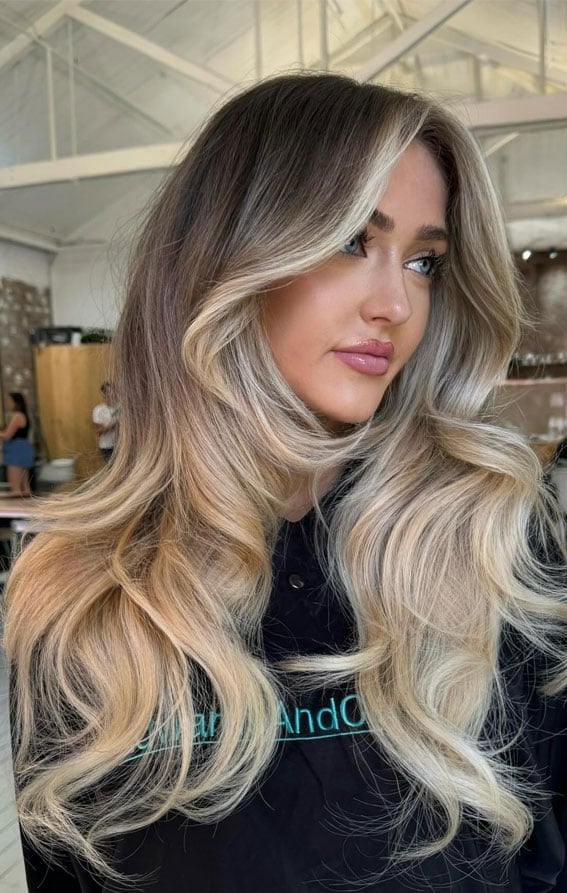 Mid-Back Ash Blonde Balayage With Curtain Bangs — Balayage Hair Blonde