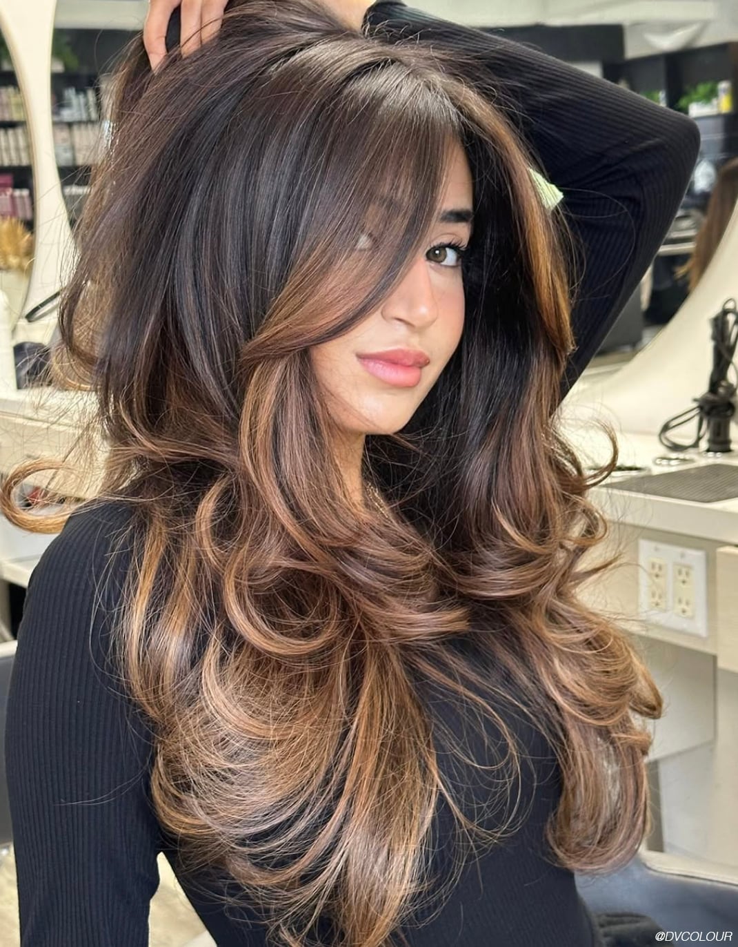 Thick Mid-Back Layers With Warm Caramel Balayage — Balayage Highlights