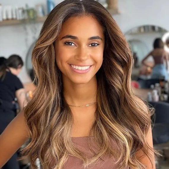 Mid-Back Dark Brown With Sun-Kissed Blonde Balayage and Curtain Bangs — Balayage Highlights