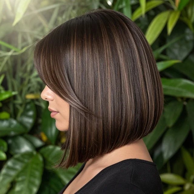 Dark Brown Bob With Side-Swept Bangs and Balayage — Balayage Highlights