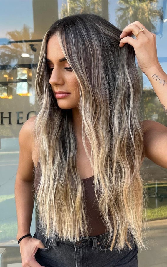 Mid-Back Dark Brown With High Contrast Ash Balayage and Curtain Bangs — Balayage Highlights