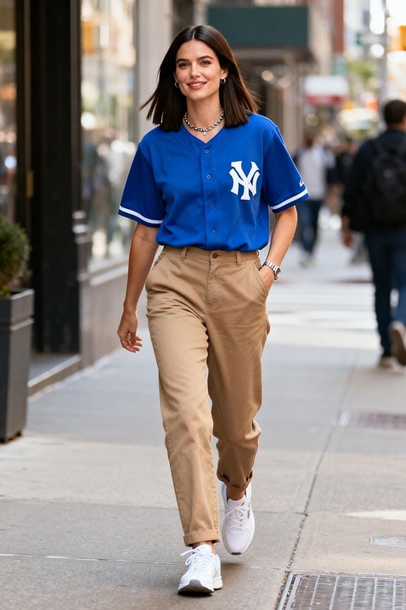 Baseball Jersey Layered Over Turtleneck With Trousers — Baseball Game Outfits
