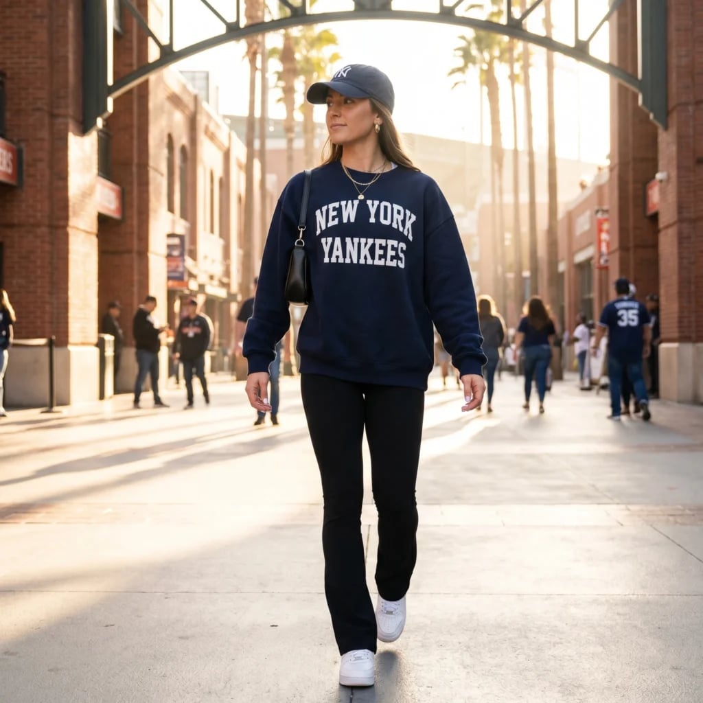 New York Yankees Sweatshirt With Flared Pants and A Black Shoulder Bag — Baseball Game Outfits