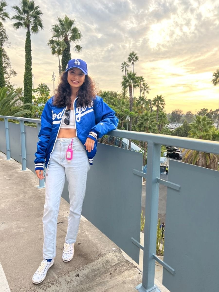 Dodgers Bomber Jacket With Crop Top And Jeans — Baseball Game Outfits