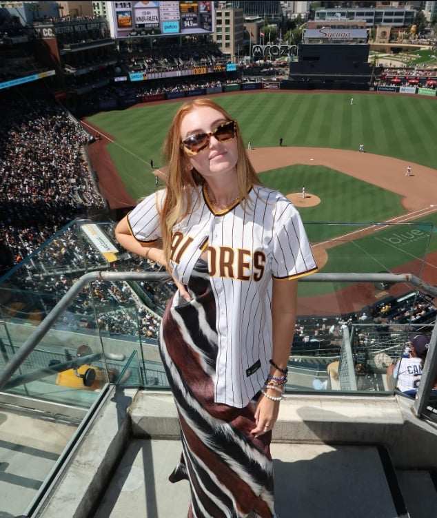 Pinstripe Baseball Jersey With Zebra Print Maxi Skirt — Baseball Game Outfits