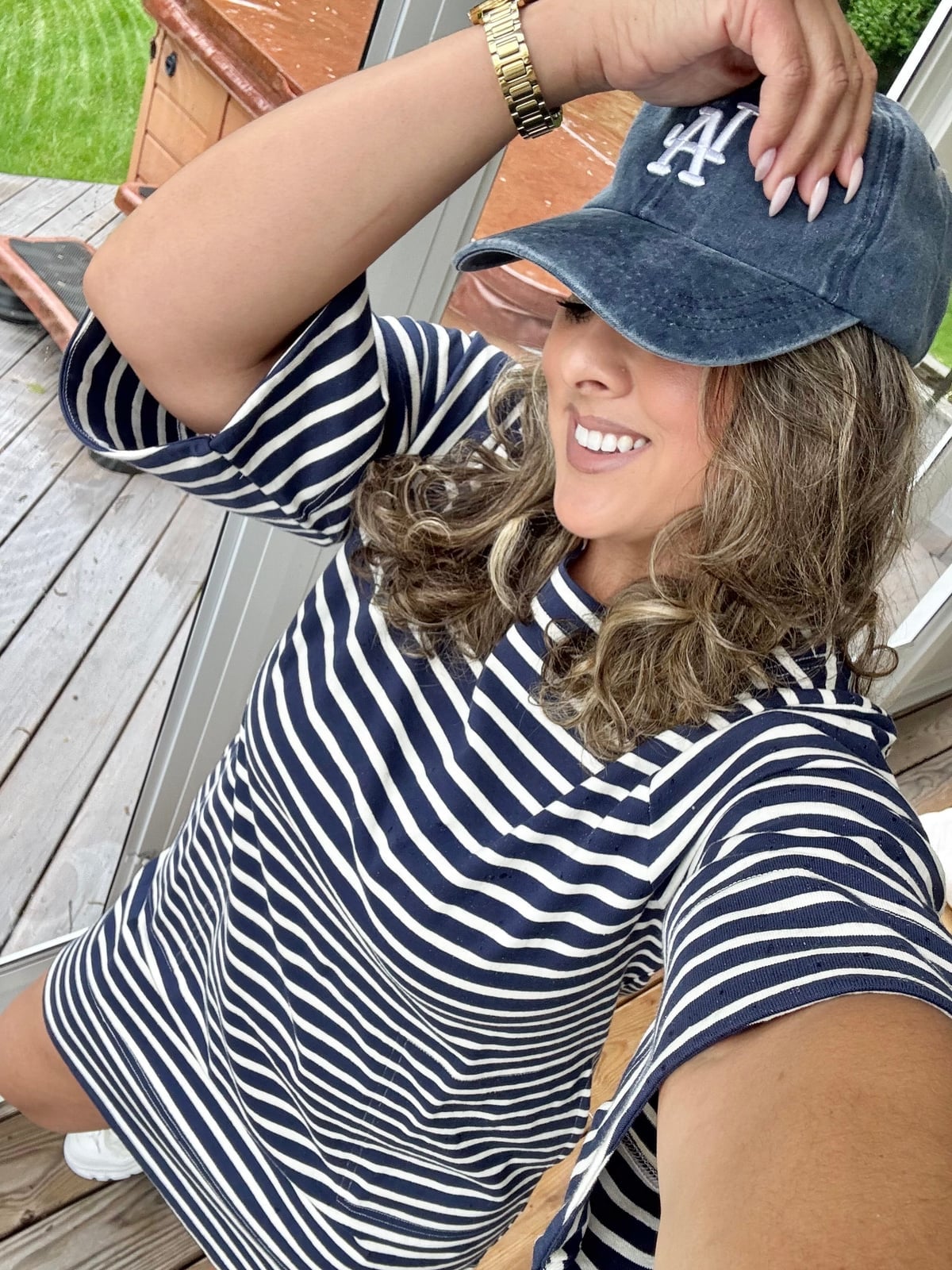 Striped Dress With Sneakers And Baseball Cap — Baseball Game Outfits