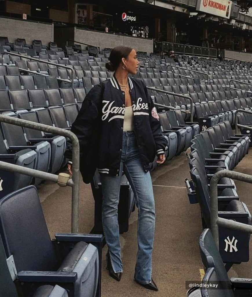 Bomber Jacket Over Tank Top With Straight Leg Jeans — Baseball Game Outfits