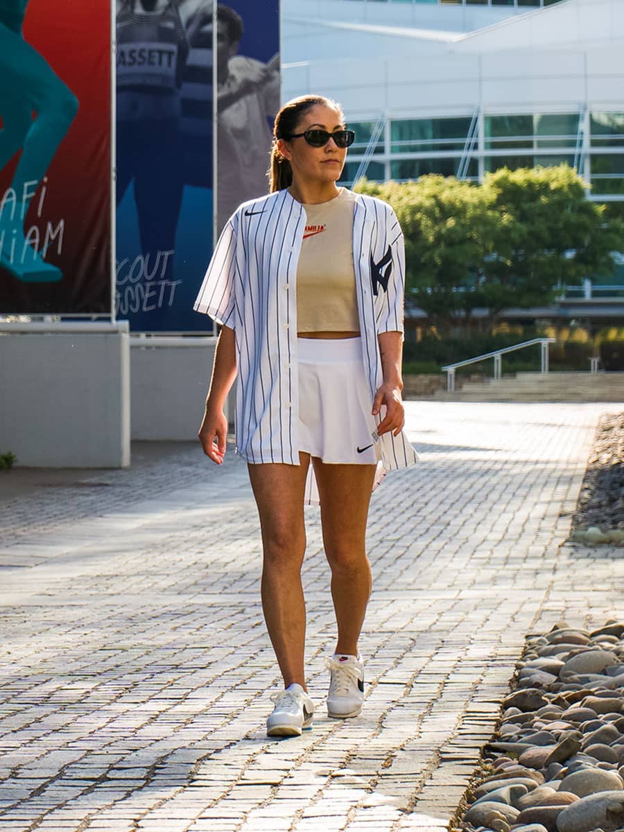 Striped Baseball Jersey Over Crop Top With Mini, Office-Safe Version — Baseball Game Outfits