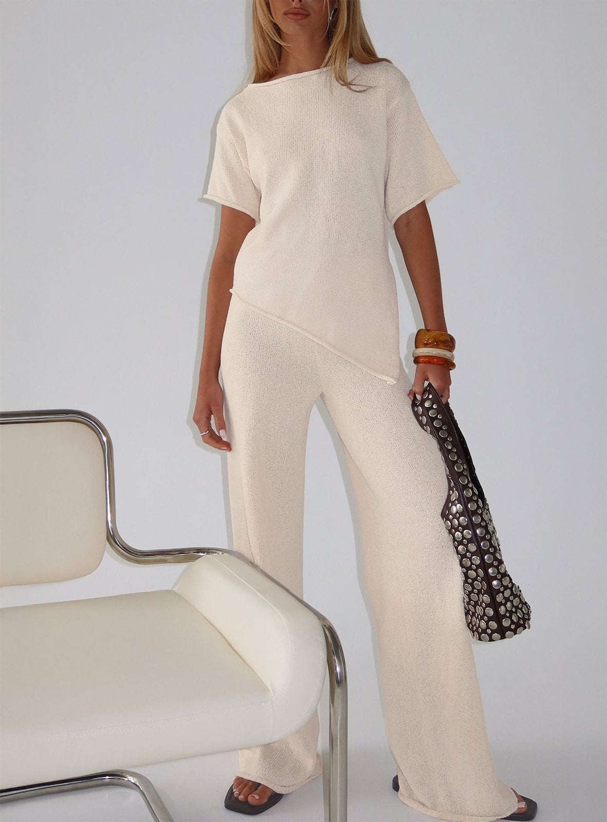 Cream Wide Leg Knit Trousers With Matching Top — Beige Pants Outfits