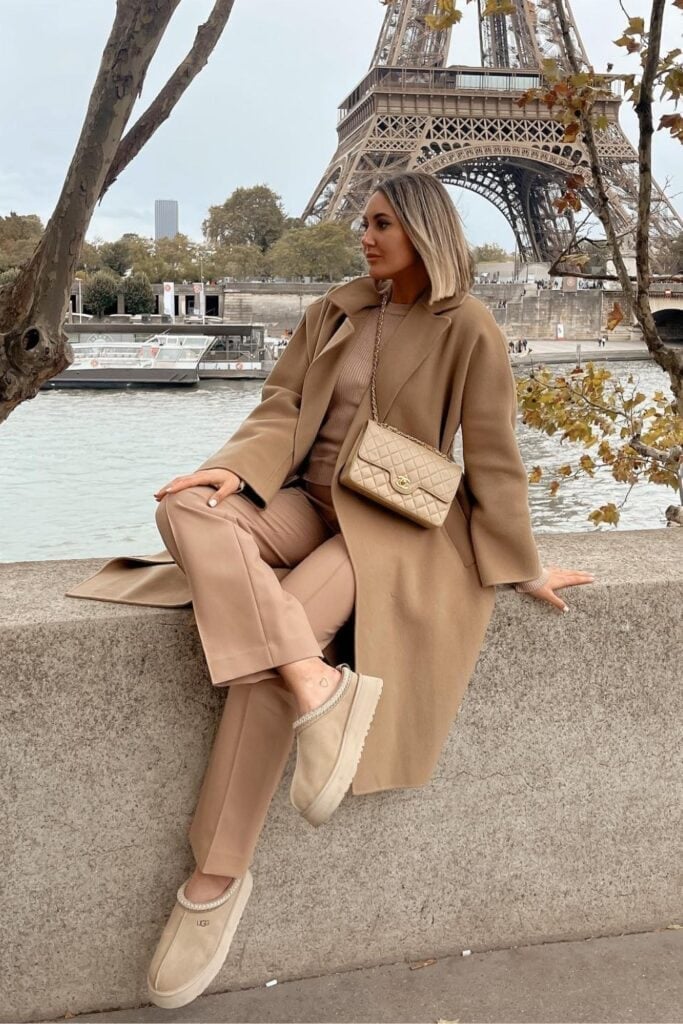 Beige Trousers With Knit Sweater And Camel Coat, Close-Up Take — Beige Pants Outfits