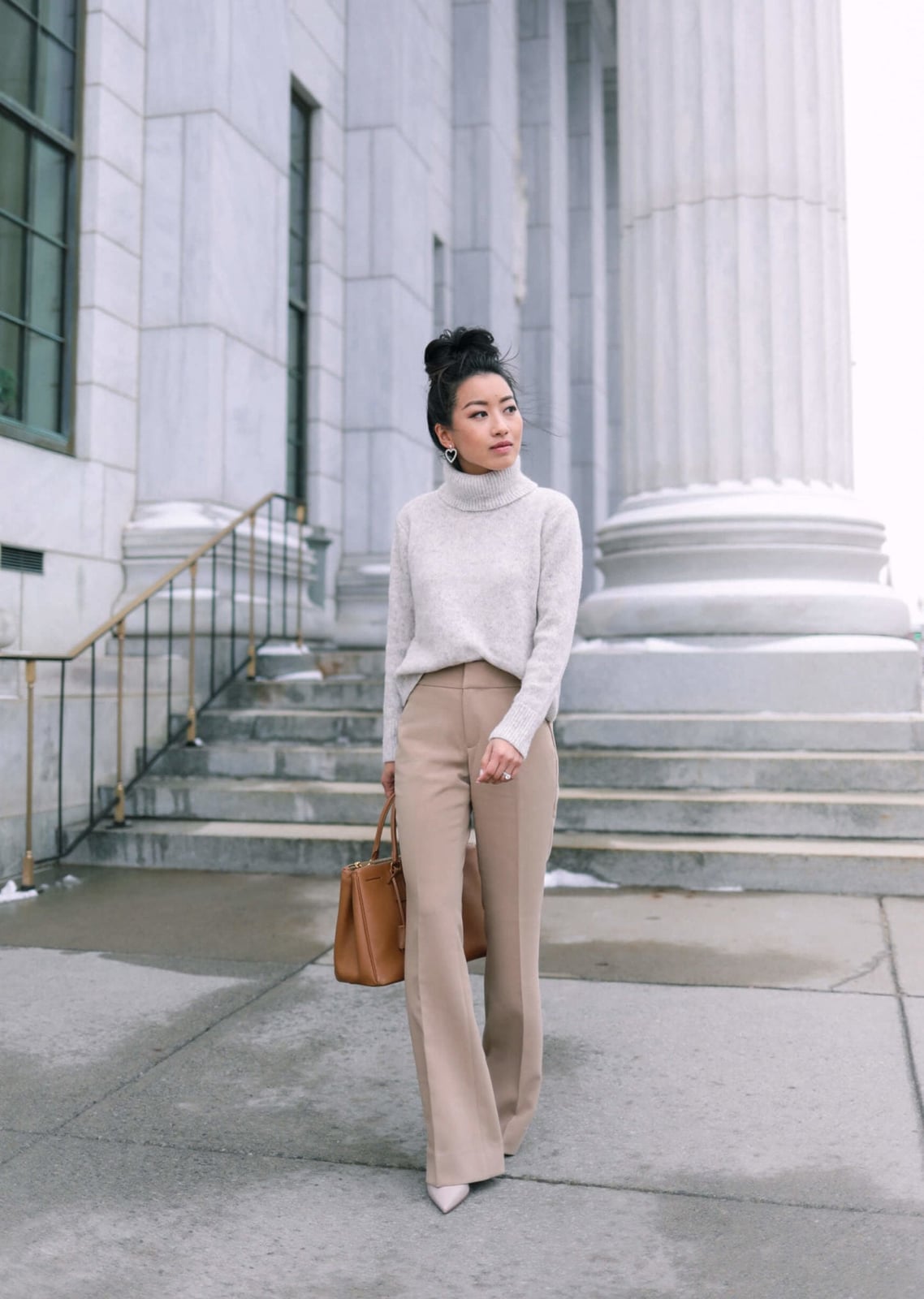 Beige Flare Trousers With Gray Turtleneck — Beige Pants Outfits