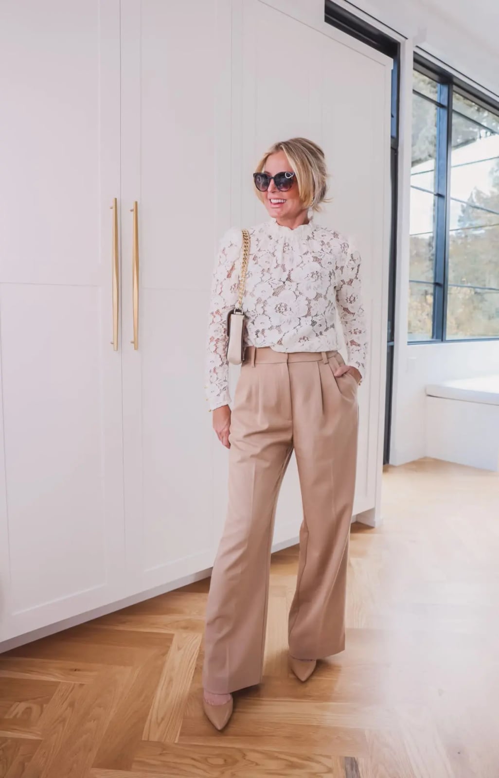 Beige Wide Leg Trousers With Lace Top — Beige Pants Outfits