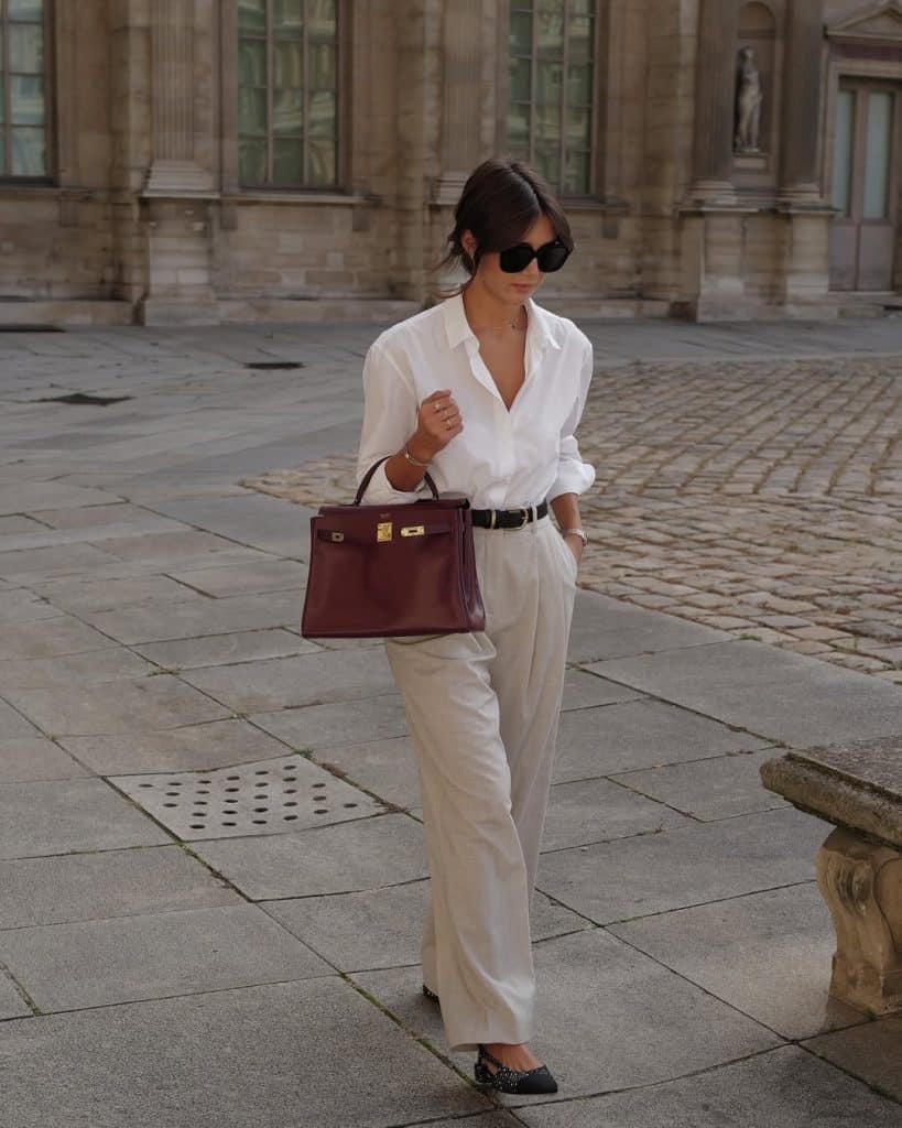 Beige Wide Leg Trousers With White Button-Down Shirt — Beige Pants Outfits