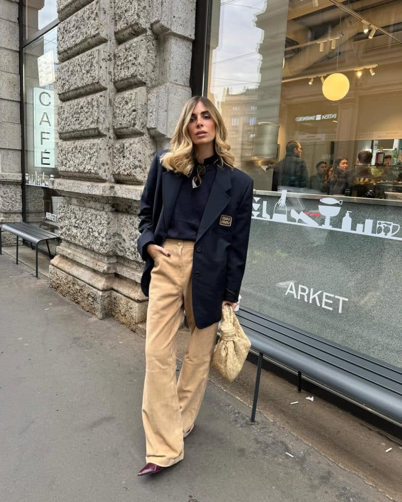 Beige Corduroy Trousers With Navy Blazer — Beige Pants Outfits
