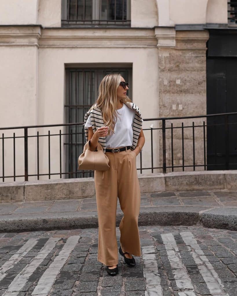 Camel Wide Leg Trousers With Striped Sweater and Black Ballet Flats — Beige Pants Outfits