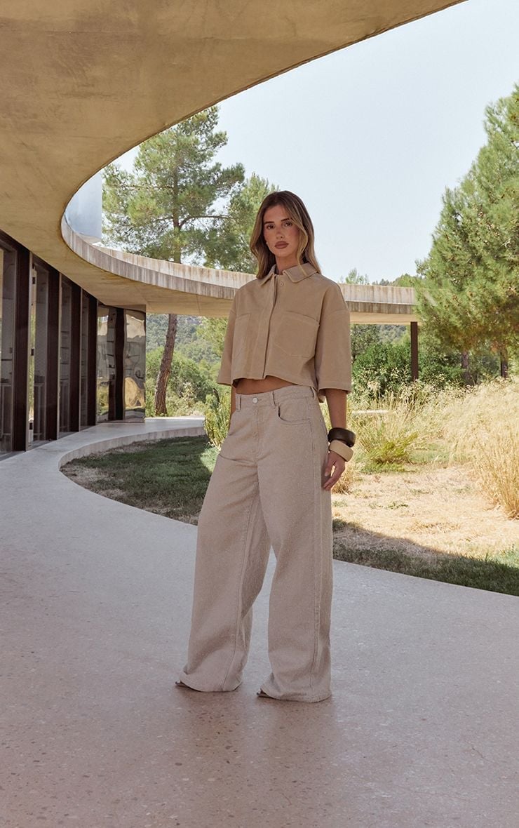Beige Wide Leg Trousers With Matching Shirt, Office-Safe Version — Beige Pants Outfits