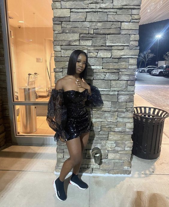 Black Sequin Mini Dress With Sheer Puff Sleeves — Birthday Dresses Black Women
