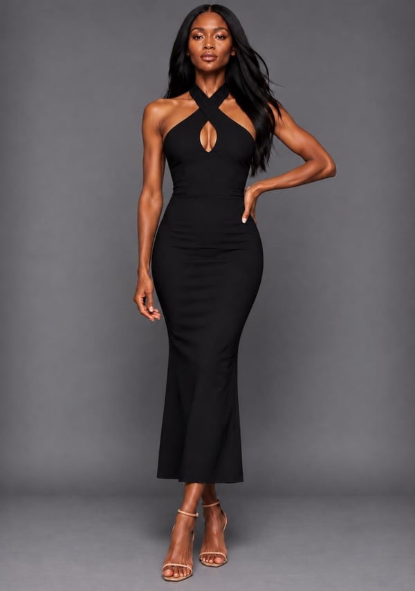 Black Ribbed Knit Halter Neck Midi Dress — Birthday Dresses Black Women