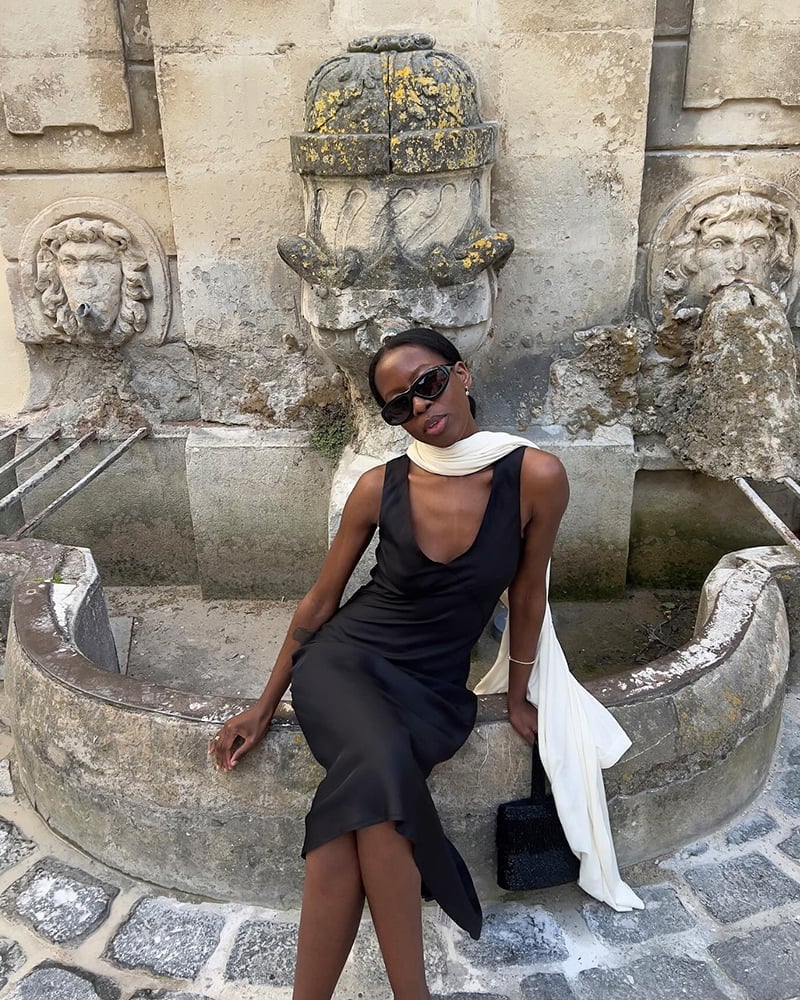 Black Satin Slip Dress With Draped Scarf — Birthday Dresses Black Women