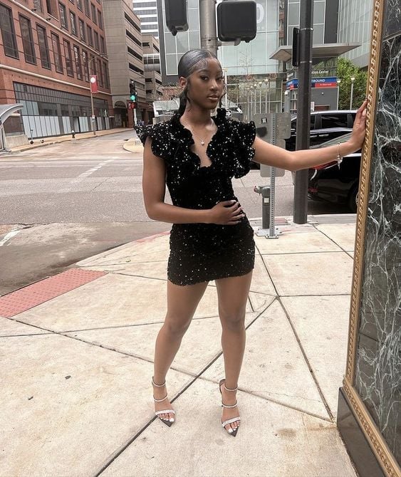 Black Sequin Mini Dress With Ruffled Neckline — Birthday Dresses Black Women