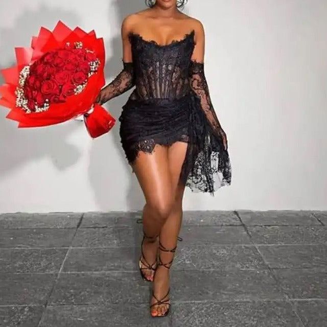 Black Lace Corset Mini Dress with Asymmetric Hem — Birthday Outfits Black Women