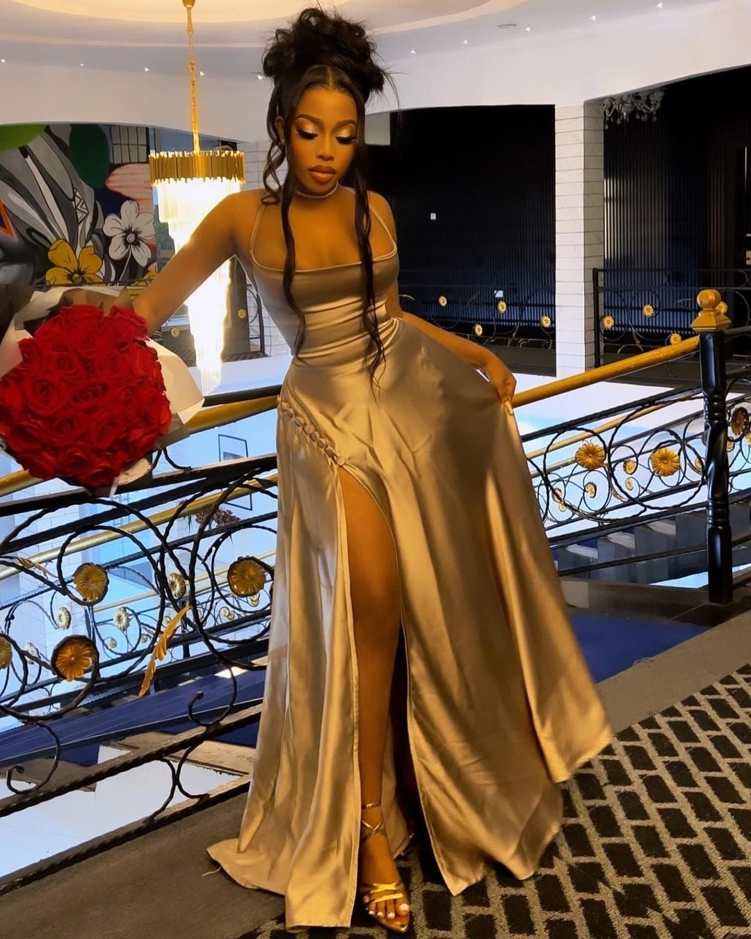 Gold Satin Slip Dress with High Leg Slit — Birthday Outfits Black Women