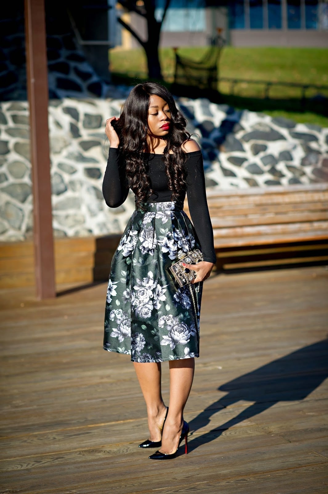 Black Off-The-Shoulder Top with Floral Brocade Skirt — Birthday Outfits Black Women