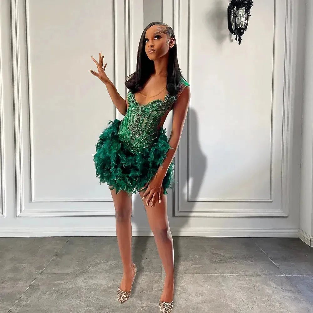 Emerald Green Beaded Mini Dress with Feather Trim Skirt — Birthday Outfits Black Women
