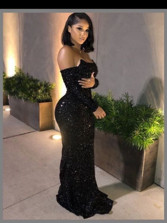 Black Sequin Off-The-Shoulder Mermaid Dress — Birthday Outfits Black Women