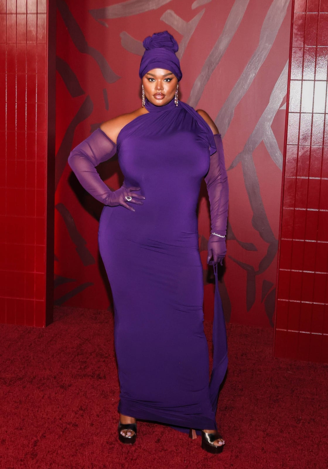 Purple Draped Maxi Dress with Sheer Sleeves and Matching Gloves — Birthday Outfits Black Women