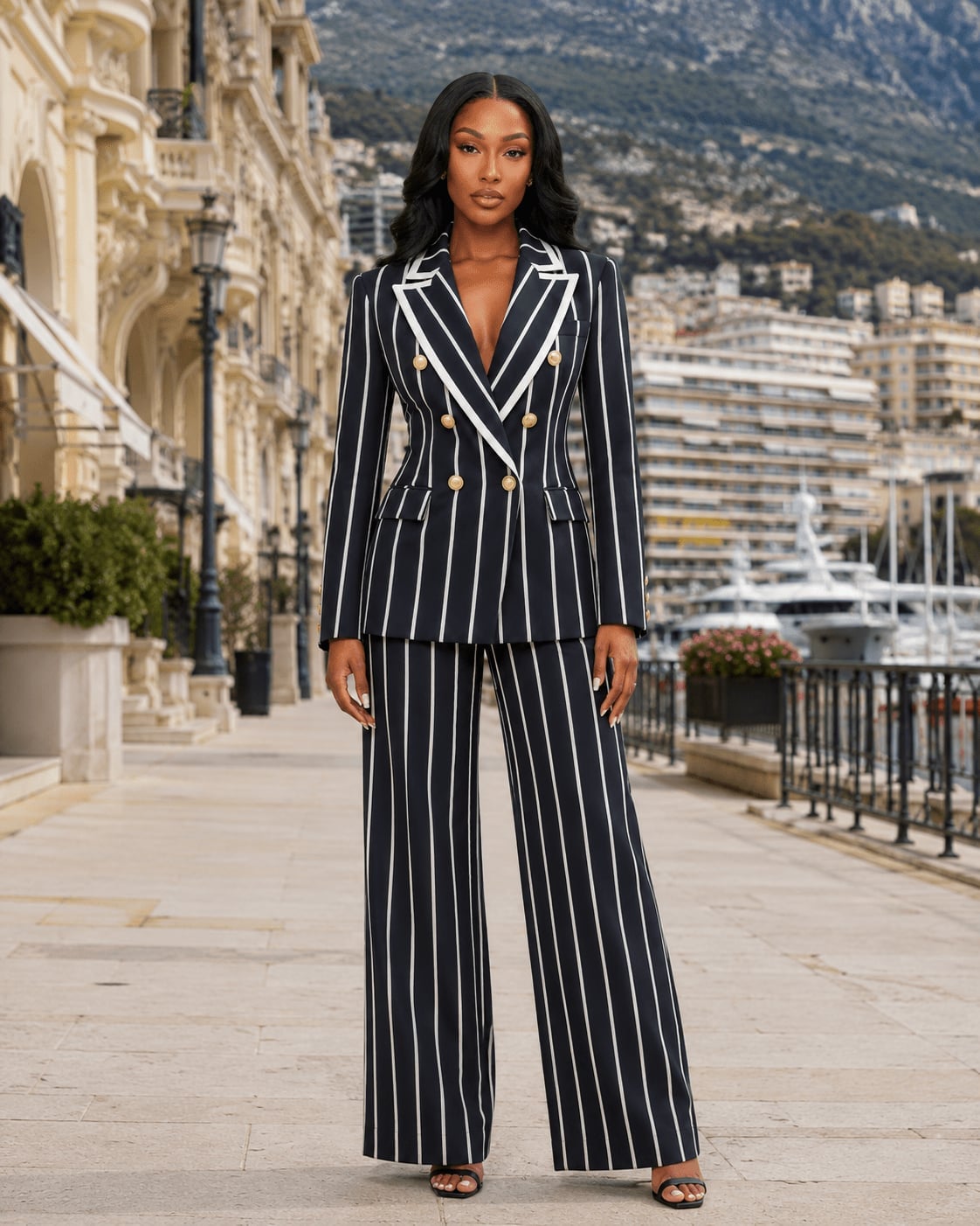 Navy and White Pinstripe Suit with Satin Trim — Birthday Outfits Black Women