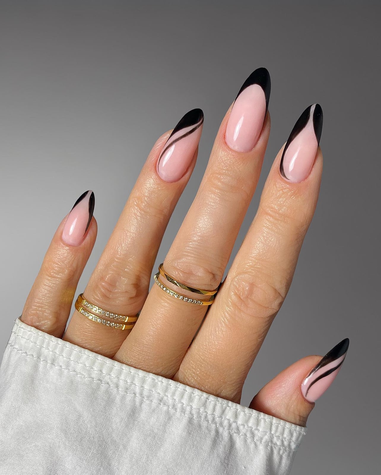 Sheer Pink Black French Tip Abstract Line Almond Sheer Pink Black French Tip Abstract Line Almond — Black Almond Nails